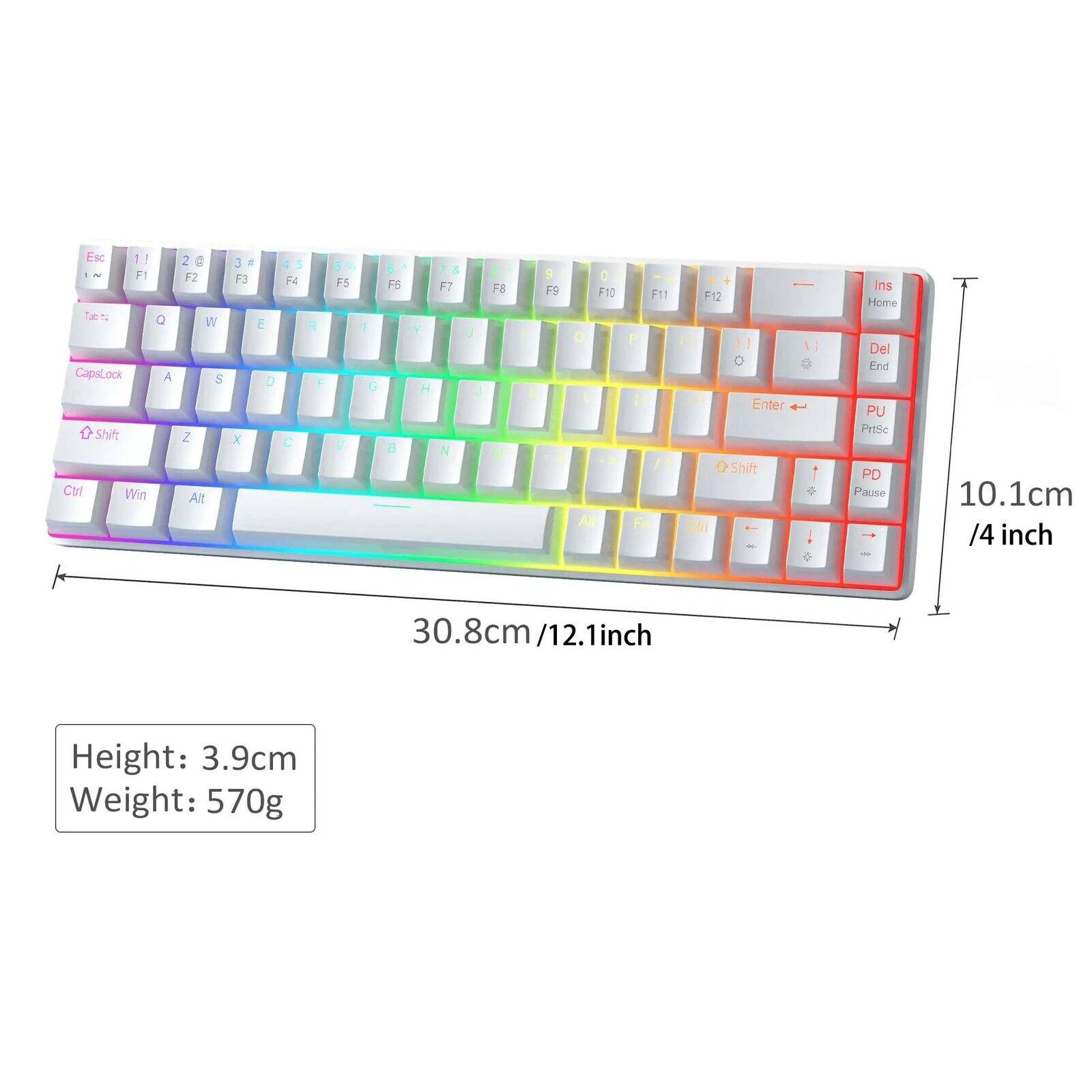 Esc 1! F1 Tab Q CapsLock A Shift Ctrl Win  
2@ F2 W $ Z Alt  
3 F3 X  
E D  
F4 C  
5% F5 R T F G V  
f / F6  
Y H  
F7 N  
U J  
8 F8 M  
1  
F9  
D F10 Q I AN  
F11 F12 P I N Enter " Shift Fe  
VI  
Ins Home Del End PU PrtSc PD Pause +  
10.1cm /4 inch  
30.8cm/12.1inch  
Height: 3.9cm Weight: 570g
