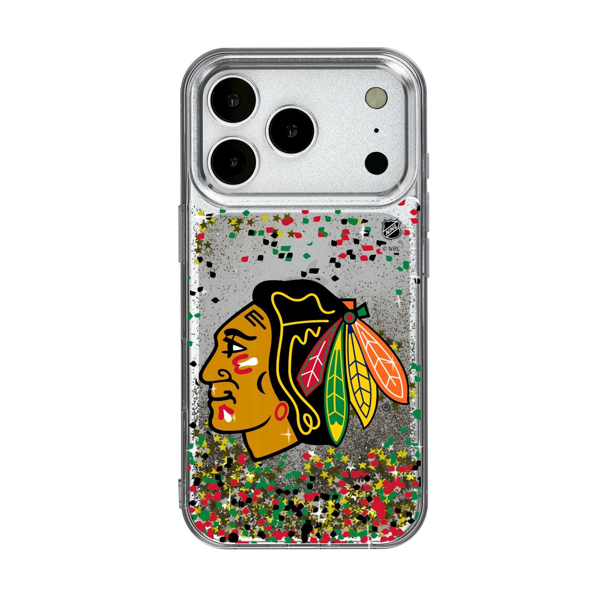 Front. Keyscaper - Chicago Blackhawks iPhone Confetti Glitter Case - 14 - Multicolor.