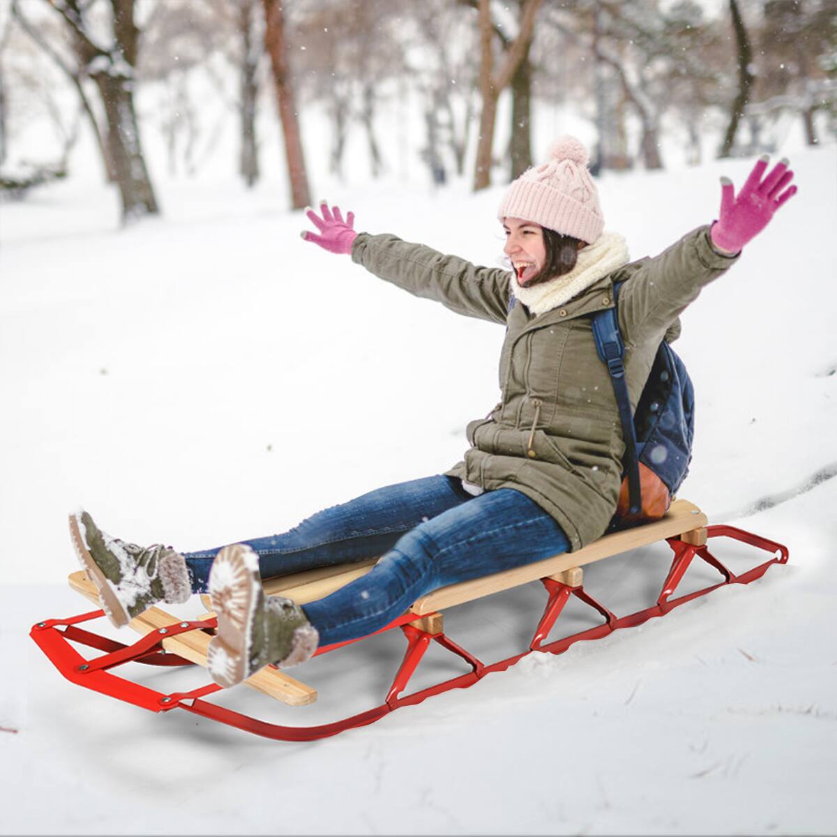 Left. Costway - 54''Kids Wooden Snow Sled Runners Steering Bar Steering Snow Slider - Red + Burlywood.