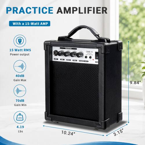 PRACTICE AMPLIFIER

With a 15-Watt AMP

15 Watt RMS Power output

10A, 100%

GMB-15

NUT

MAINING ARK

Ket

40dB Gain Max

9.84"

70dB Gain Min

LBS

4.19 Lbs

10.24"

3.15"