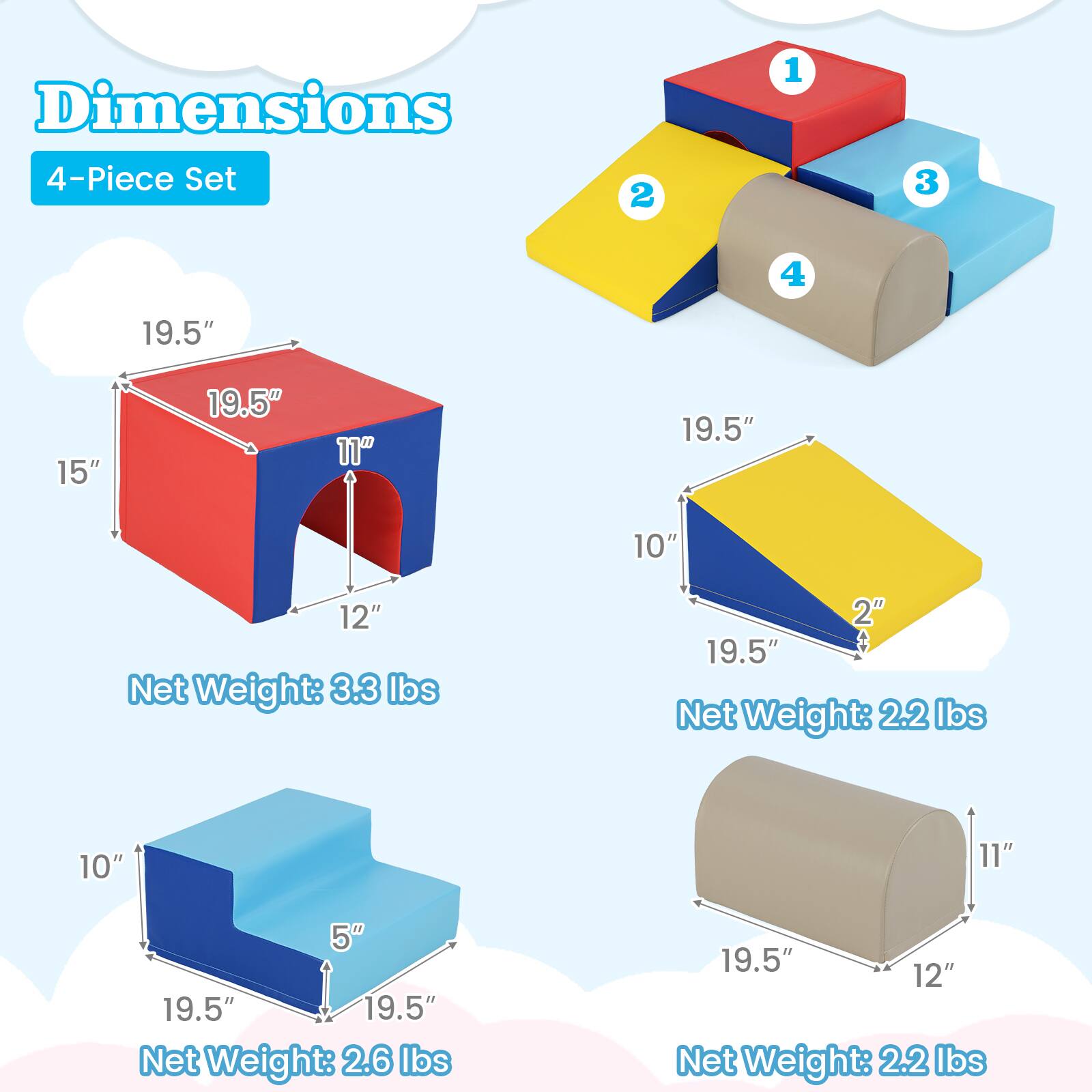 Dimensions  
4-Piece Set

1. 19.5" x 19.5" x 15" x 12"  
   Net Weight: 3.3 lbs

2. 19.5" x 10" x 2"  
   Net Weight: 2.2 lbs

3. 19.5" x 19.5" x 10" x 5"  
   Net Weight: 2.6 lbs

4. 19.5" x 12" x 11"  
   Net Weight: 2.2 lbs