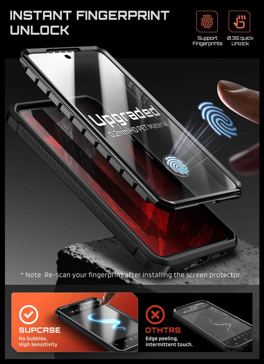INSTANT FINGERPRINT UNLOCK

Support 0.35 quick Fingerprints Unlock

*Note: Re-scan your fingerprint after installing the screen protector.

SUPCASE
No bubbles, High Sensitivity

OTHERS
Edge peeling, intermittent touch.