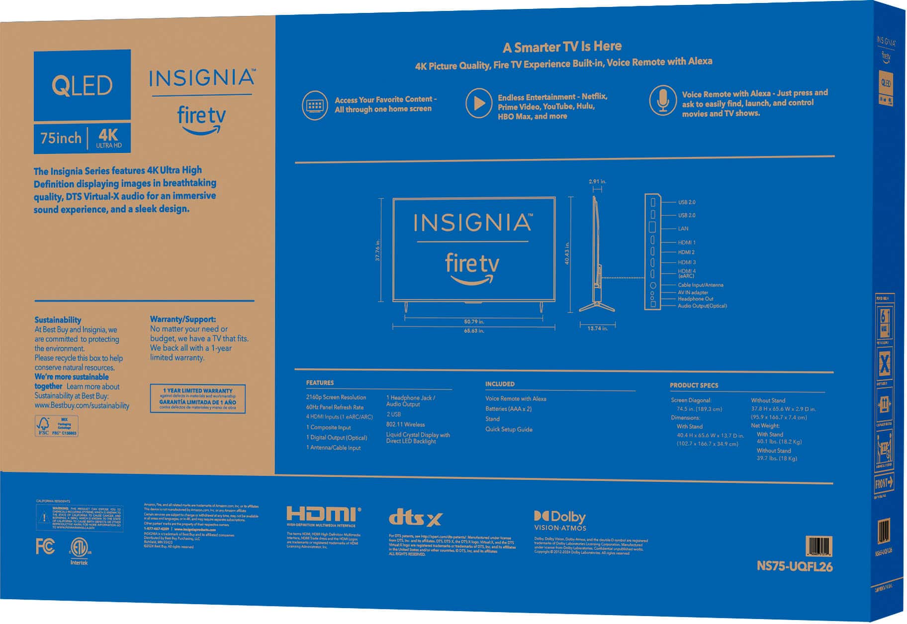 The image features a blue box with the words "QLED INSIGNIA firetv 75inch 4K ULTRAHD" written on it. The box also includes a voice remote with Alexa, providing a smart TV experience with access to various streaming services such as Netflix, Prime Video, YouTube, and Hulu. The Insignia Series boasts Ultra High Definition display quality, DTS Virtual-X audio for an immersive sound experience, and a sleek design. The box also includes a sustainability warranty and support from Best Buy, promoting environmentally friendly practices.