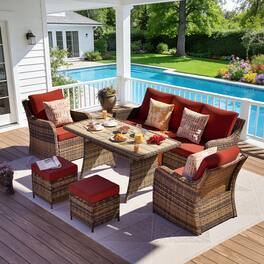 Yardgrace - 7-Piece Patio Conversation Set: 2 Swivel Rocker Chairs, Sofa, 2 Ottomans & Coffee Table, Outdoor Sectional - Red