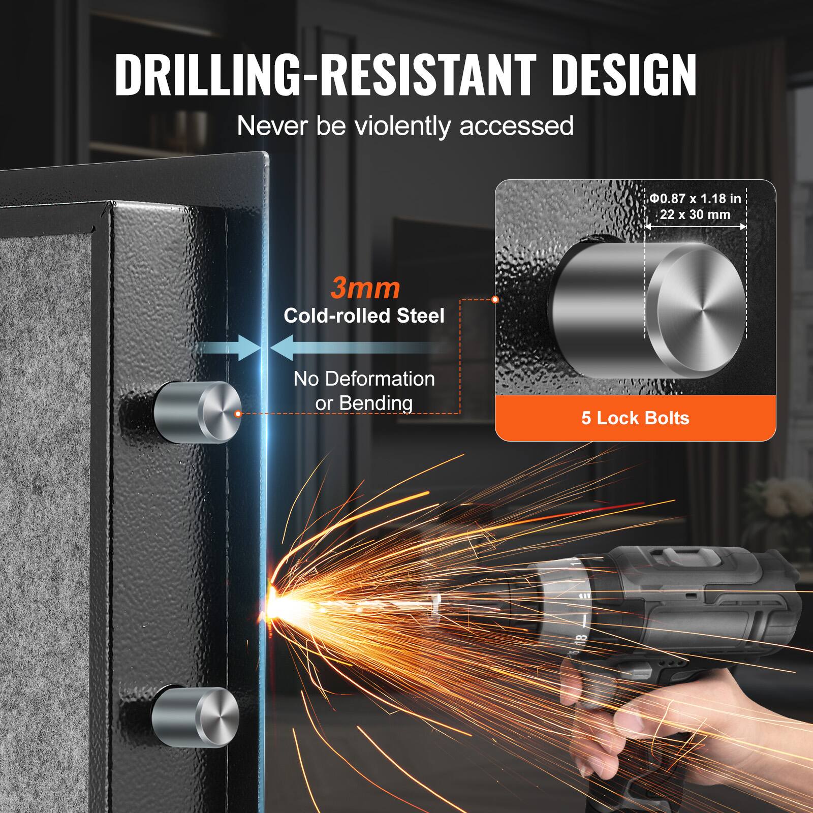 DRILLING-RESISTANT DESIGN Never be violently accessed 0.87 x 1.18 in 22 x 30 mm 3mm Cold-rolled Steel No Deformation or Bending 5 Lock Bolts