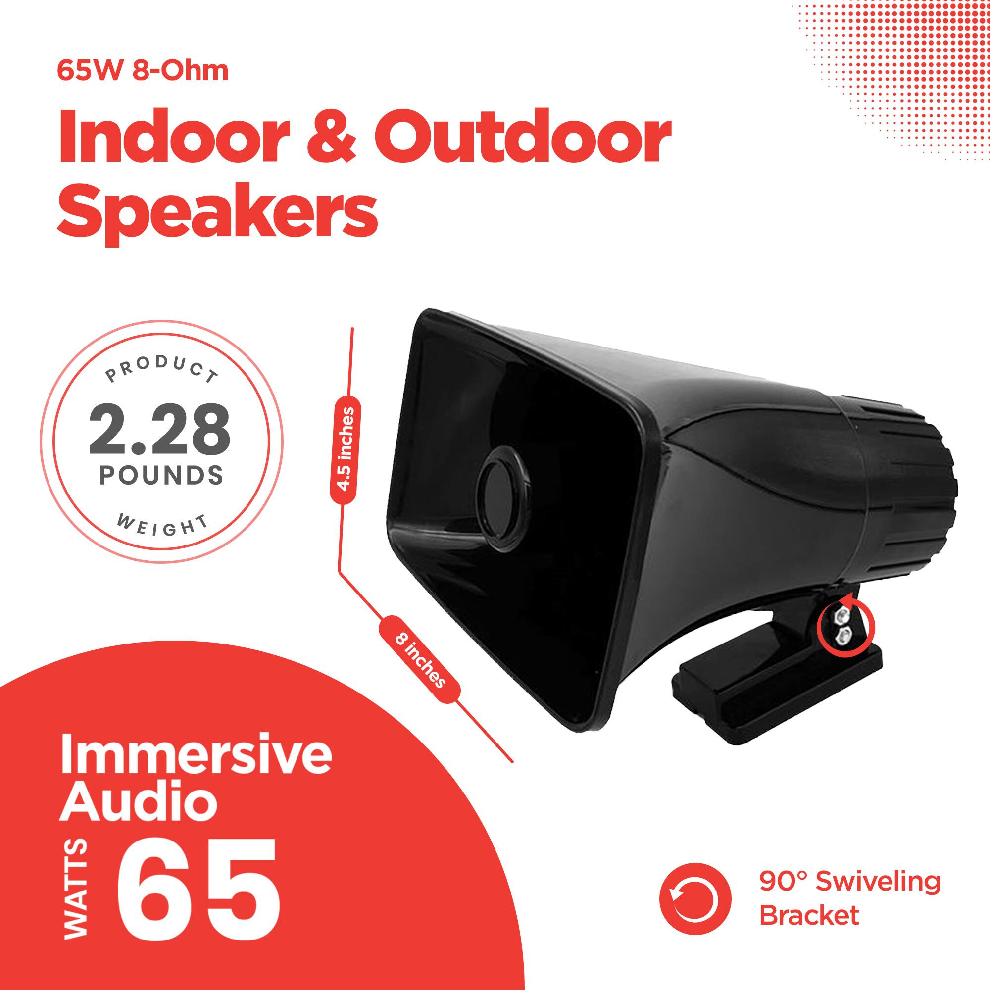 65W 8-Ohm Indoor & Outdoor Speakers  
PRODUCT WEIGHT: 2.28 POUNDS  
Immersive Audio: 65 WATTS  
4.5 inches  
8 inches  
90° Swiveling Bracket