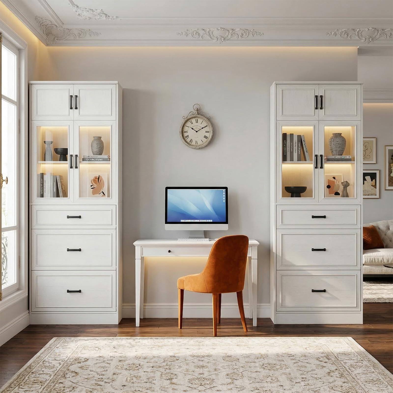 Alt View 2. Aheaplus - 2-Pack 80" White Kitchen Pantry: Glass Doors, Adjustable Shelves & 3 Drawers,Ships in 2 Packages - White.