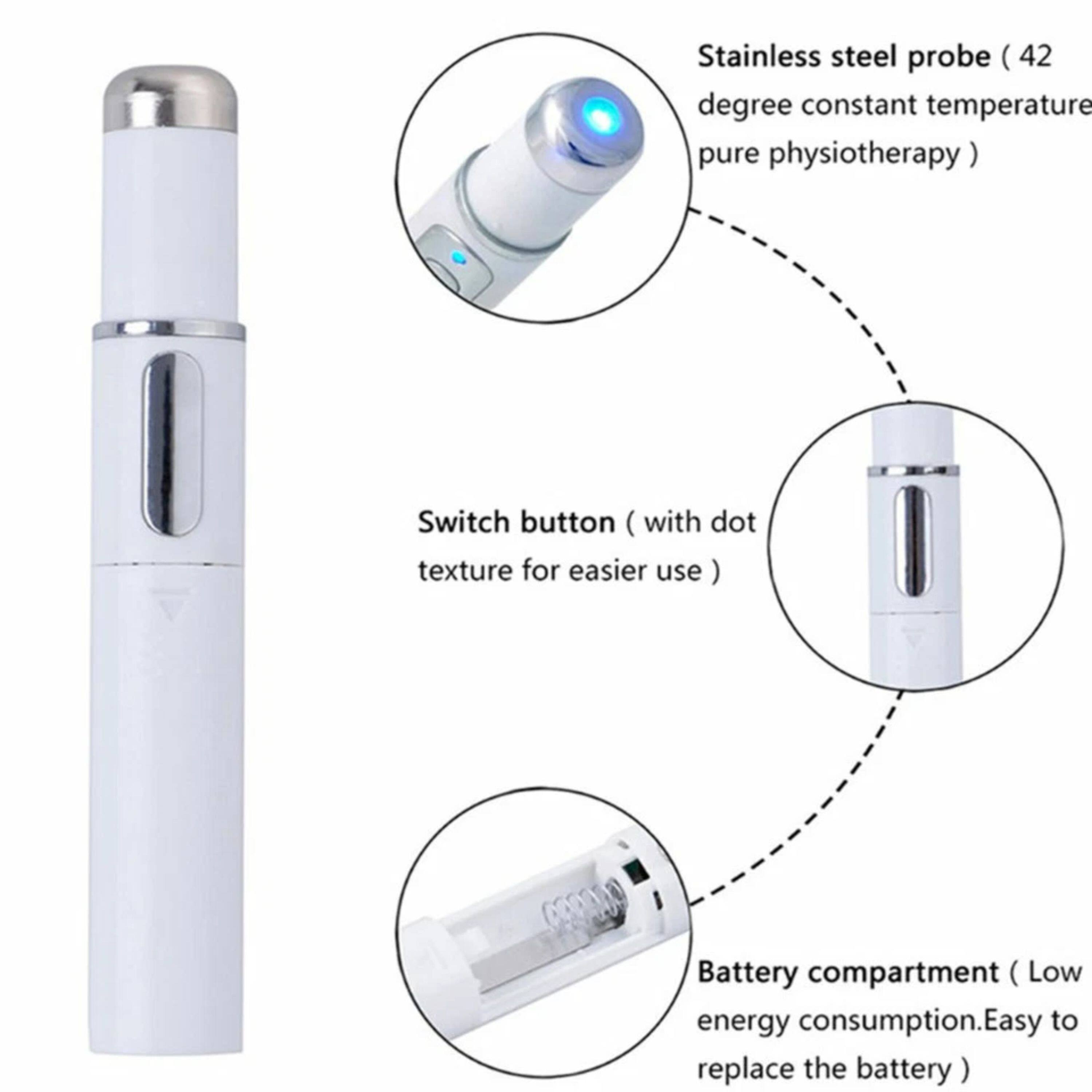 Stainless steel probe (42 degree constant temperature pure physiotherapy)  
Switch button (with dot texture for easier use)  
Battery compartment (Low energy consumption. Easy to replace the battery)