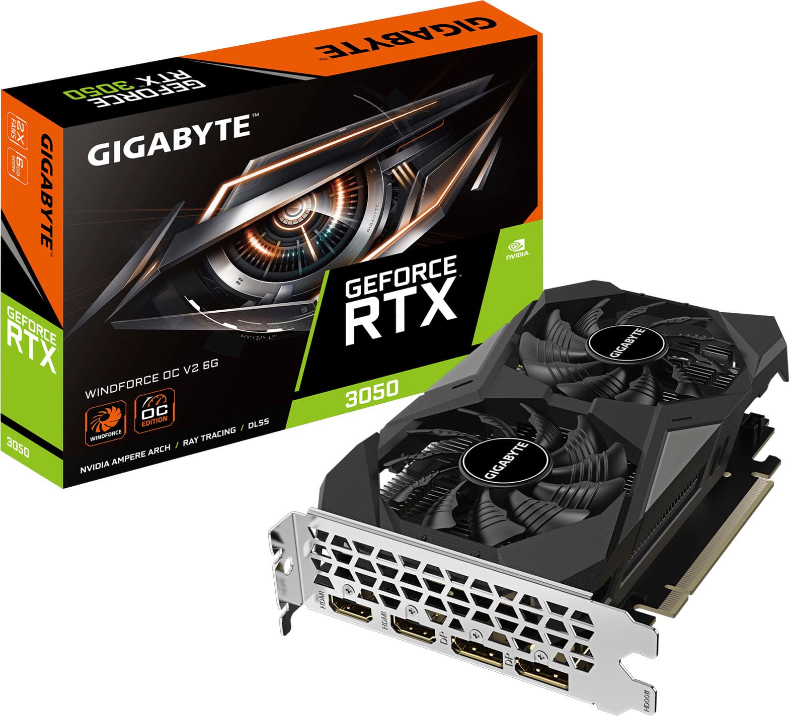 GIGABYTE RTX 3050 GEFORCE RTX 3050 GIGABYTE 3X FANS 3050 72 OC EDITION / DLSS WINDFORCE RAY TRACING 3050 / ARCH AMPERE NVIDIA GIGABYTE YDH HEAD DP DP 4 NEON