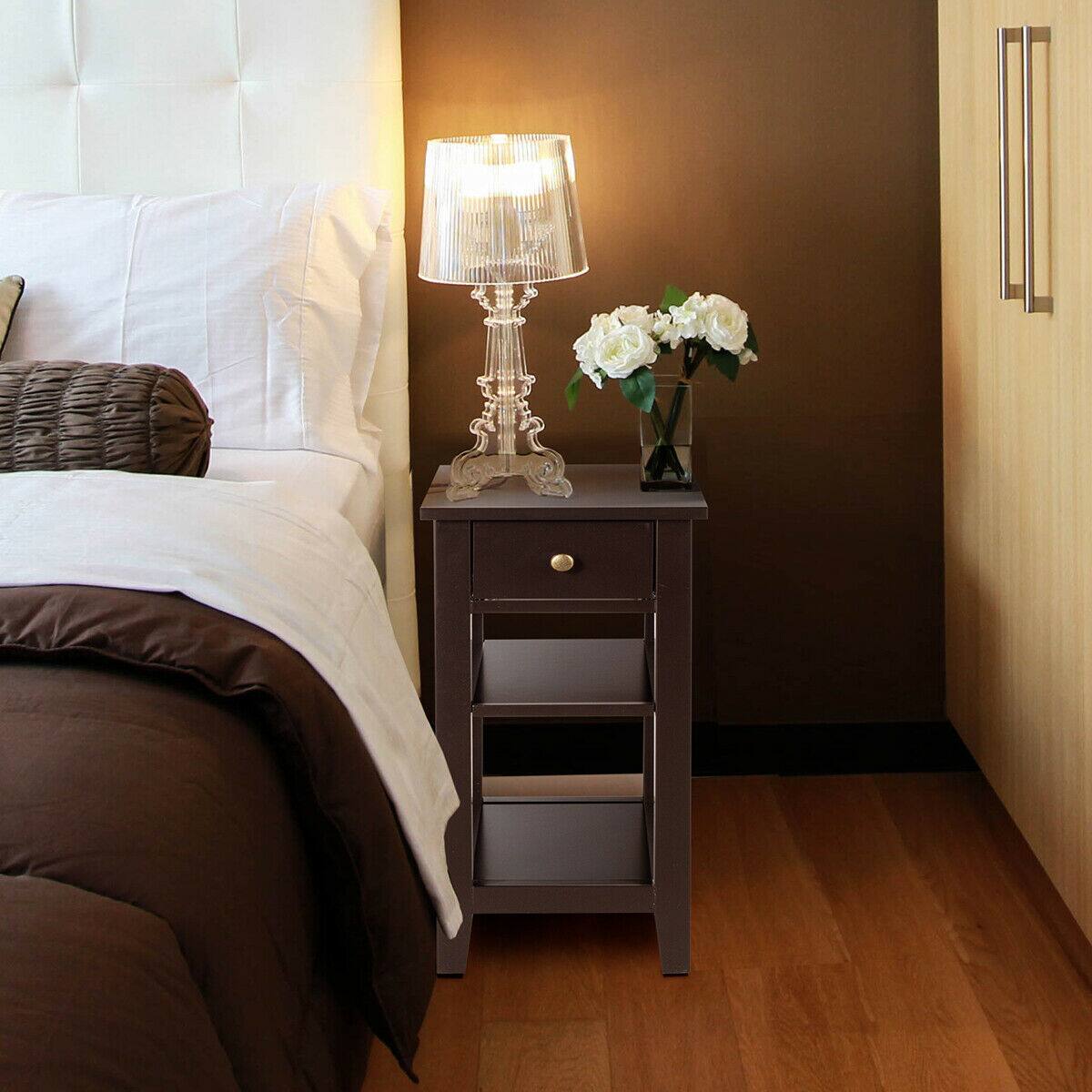 Alt View 3. Gymax - Gymax 3 Tier Nightstand Bedside Table Sofa Side End Table w/Double Shelves Drawer Brown - Brown.