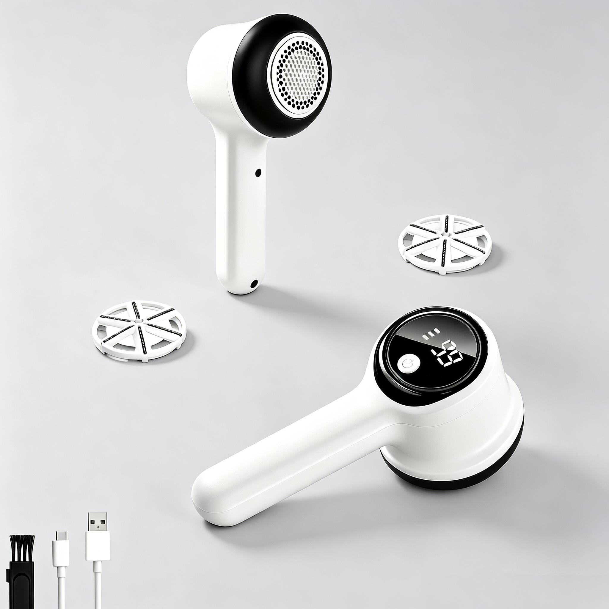 Front. Equipd - Fabric Sweater Shaver Lint Remover with 3-Speed ​​Settings, 6-Blade Head, Rechargeable, LED Digital Display - White.