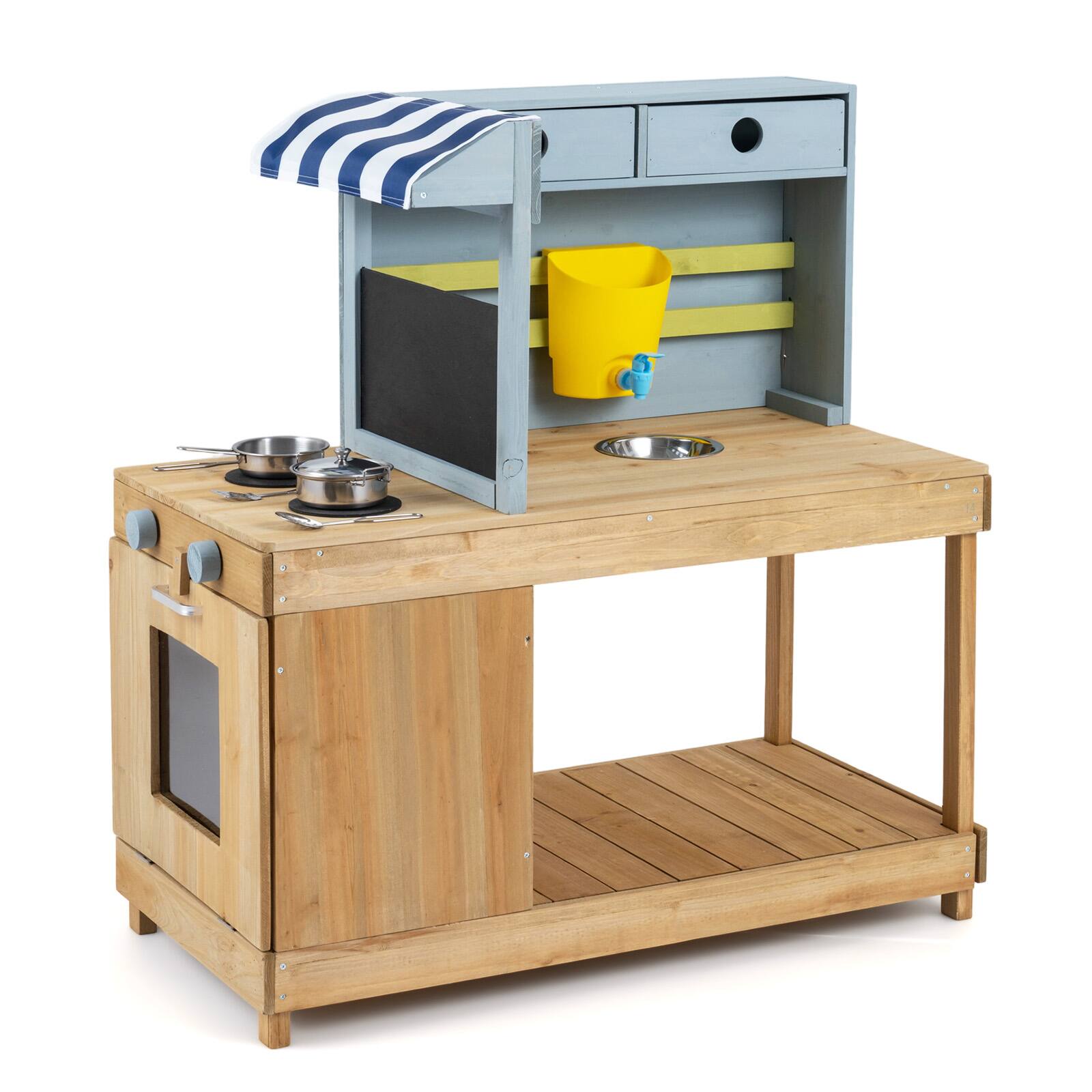Alt View 9. Costway - Costway Mud Kitchen with Canopy, Fir Wood Play Kitchen Set for Boys & Girls with Water Tank - Natural & Blue.