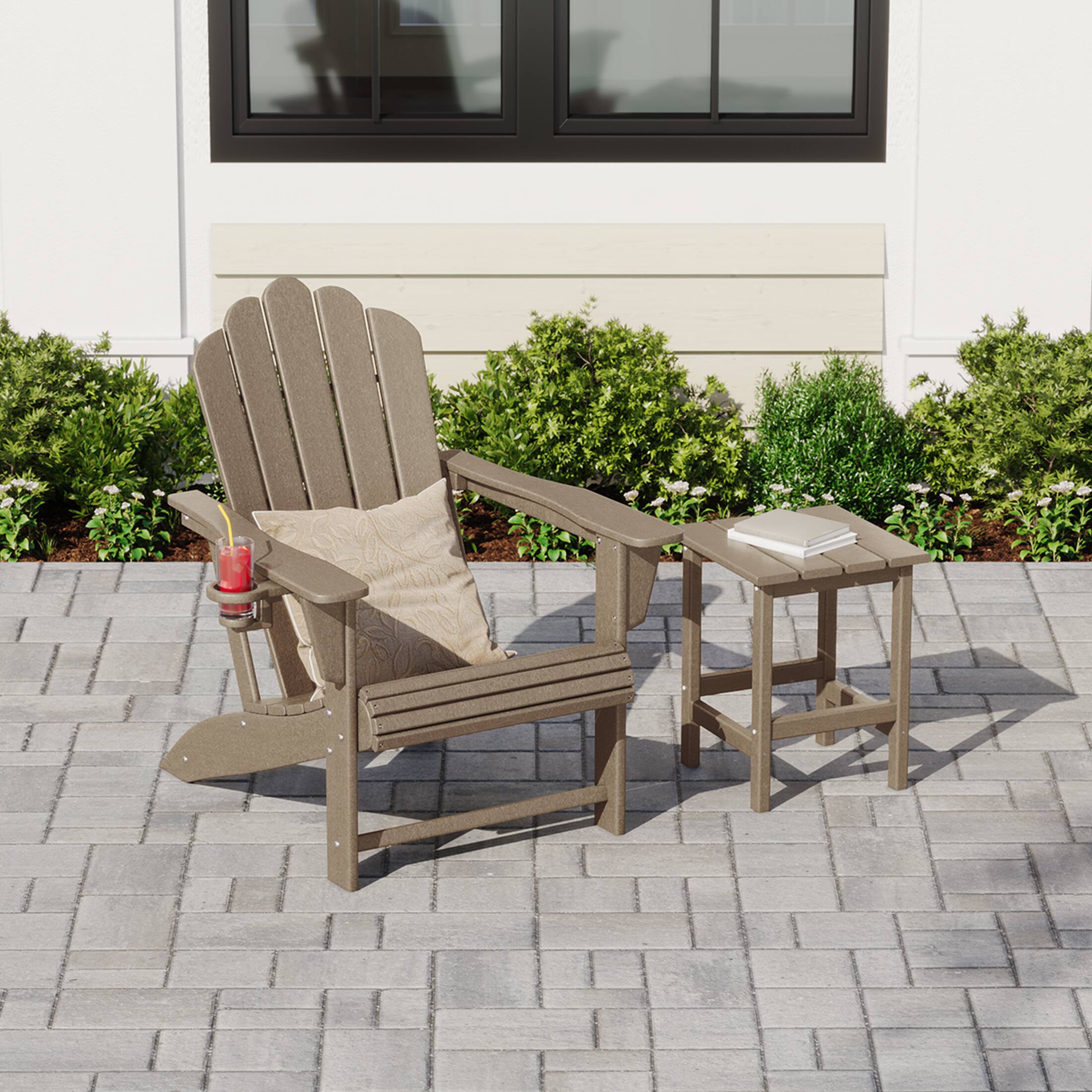 Angle. WestinTrends - WestinTrends Highland Outdoor Patio HDPE Adirondack Chair With Cup Holder and Table Set - Weathered Wood.