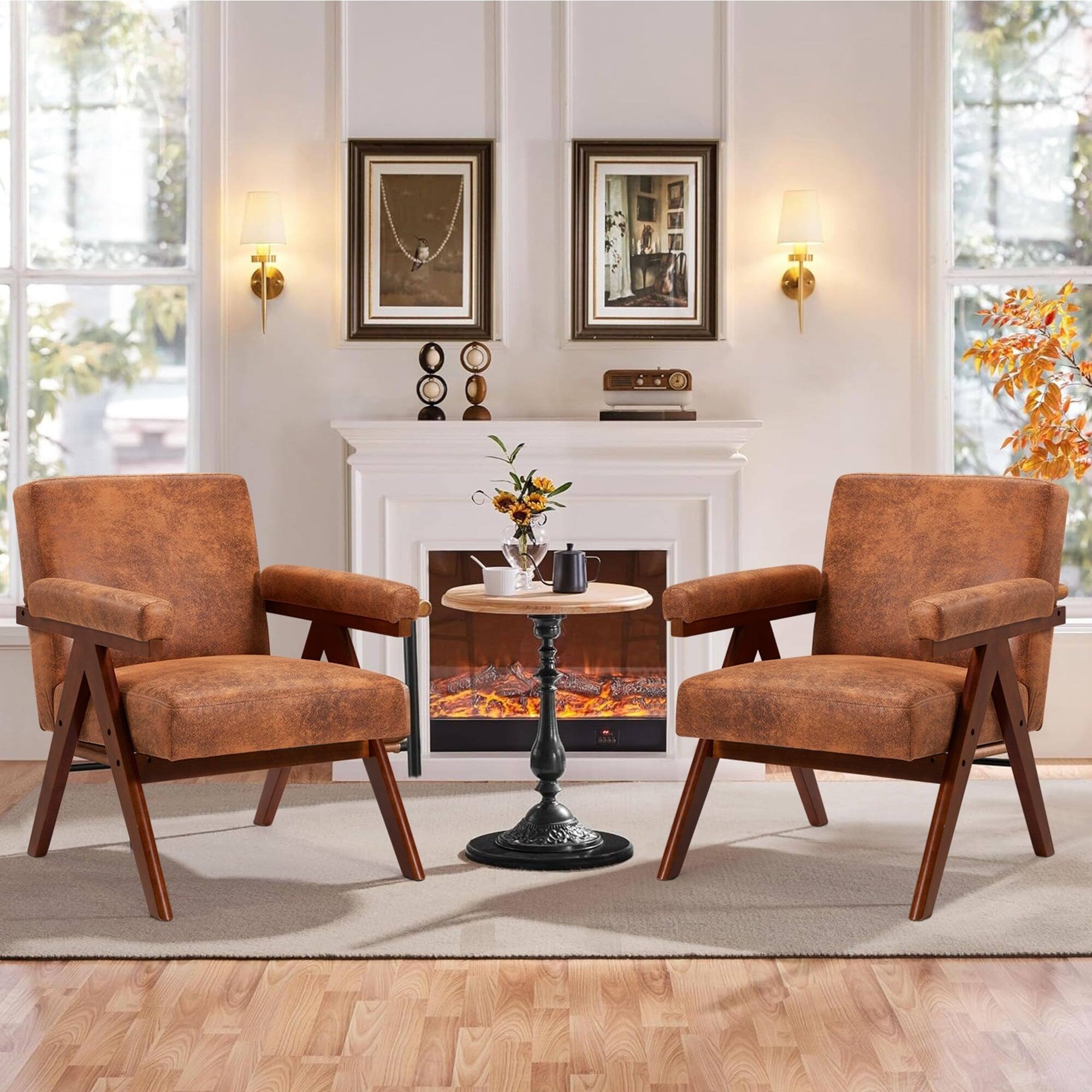 Left. U-HOMY - Mid-Century Modern Accent Chair: Solid Wood Frame Upholstered Armchair for Living Room, Lounge Balcony - Brown.