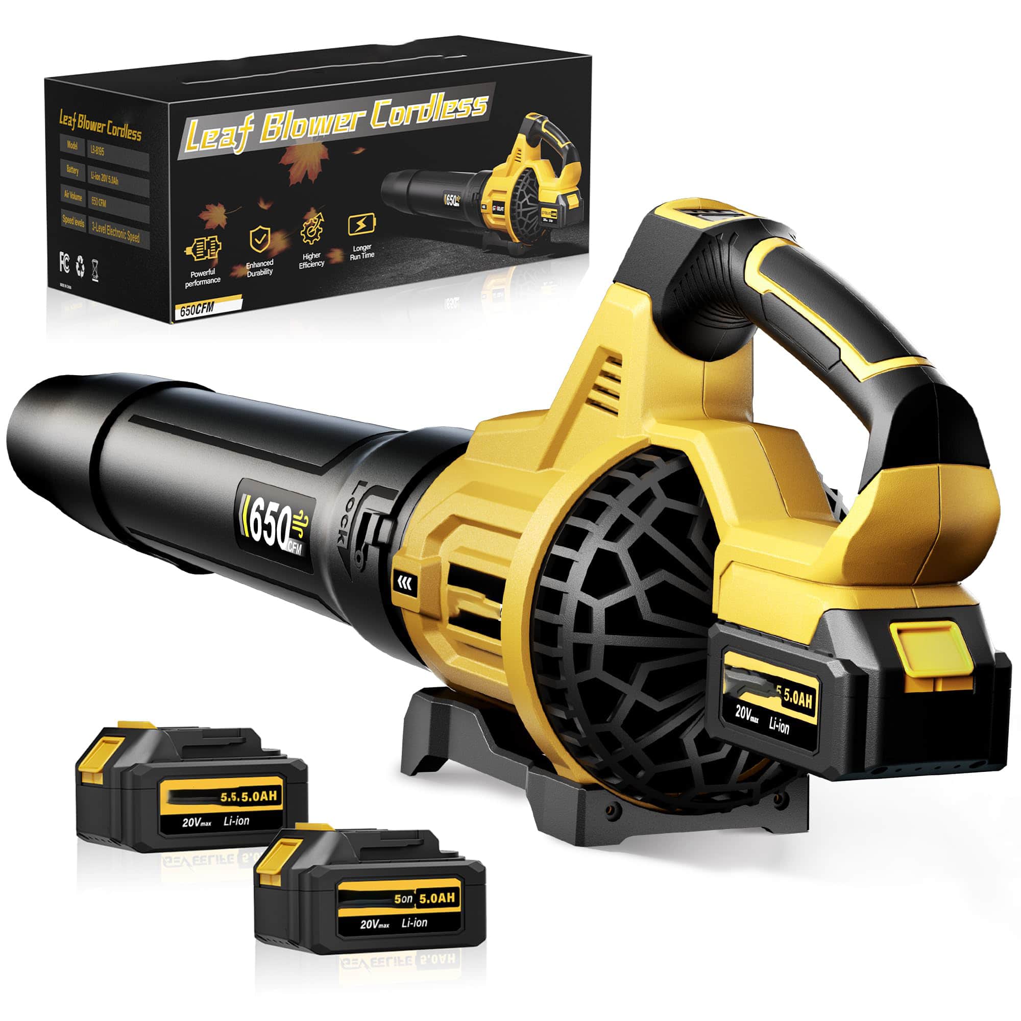Leaf Blower Cordless

- Brand: Leaf Blower Cordless
- Model: 1050W
- Air Speed: 650 CFM
- Battery: 5.0AH 20V Li-ion
- Features: Enhanced Performance, Efficiency, Dual Speed, Longer Run Time
- Weight: 5.5 lbs
- Noise Level: 85 dB
- Warranty: 2 Years

5.5.0AH 20V Li-ion Battery