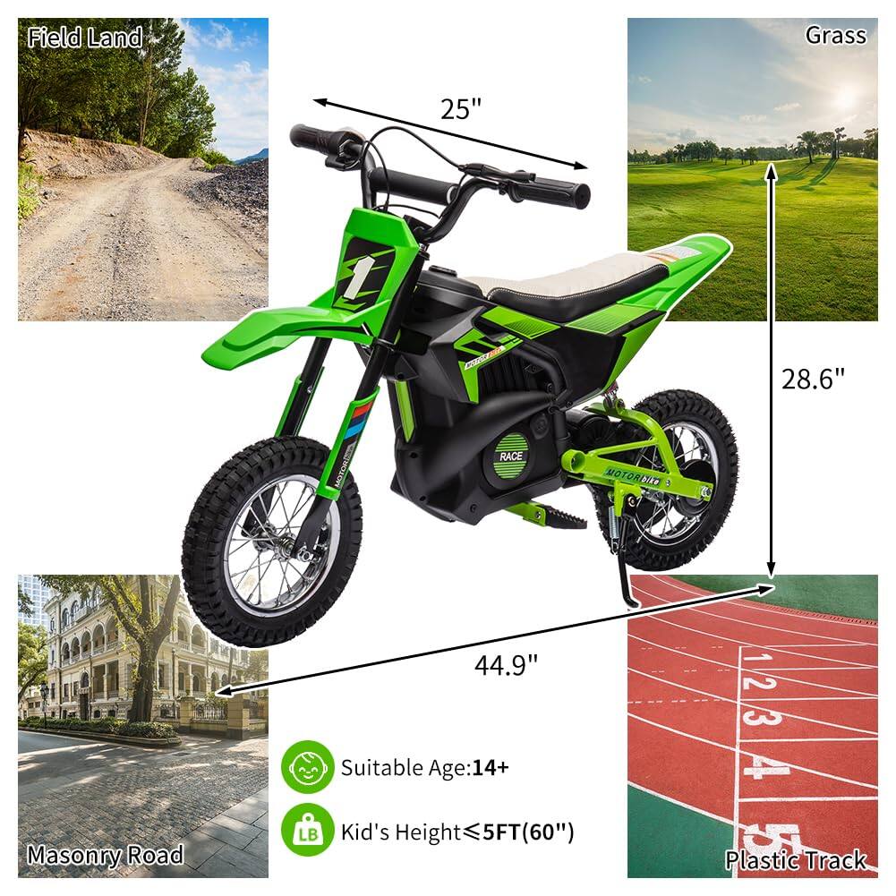 Field Land  
25"  
Grass  
28.6"  
Masonry Road  
44.9"  
Plastic Track  
Suitable Age: 14+  
Kid's Height ≤ 5FT (60")