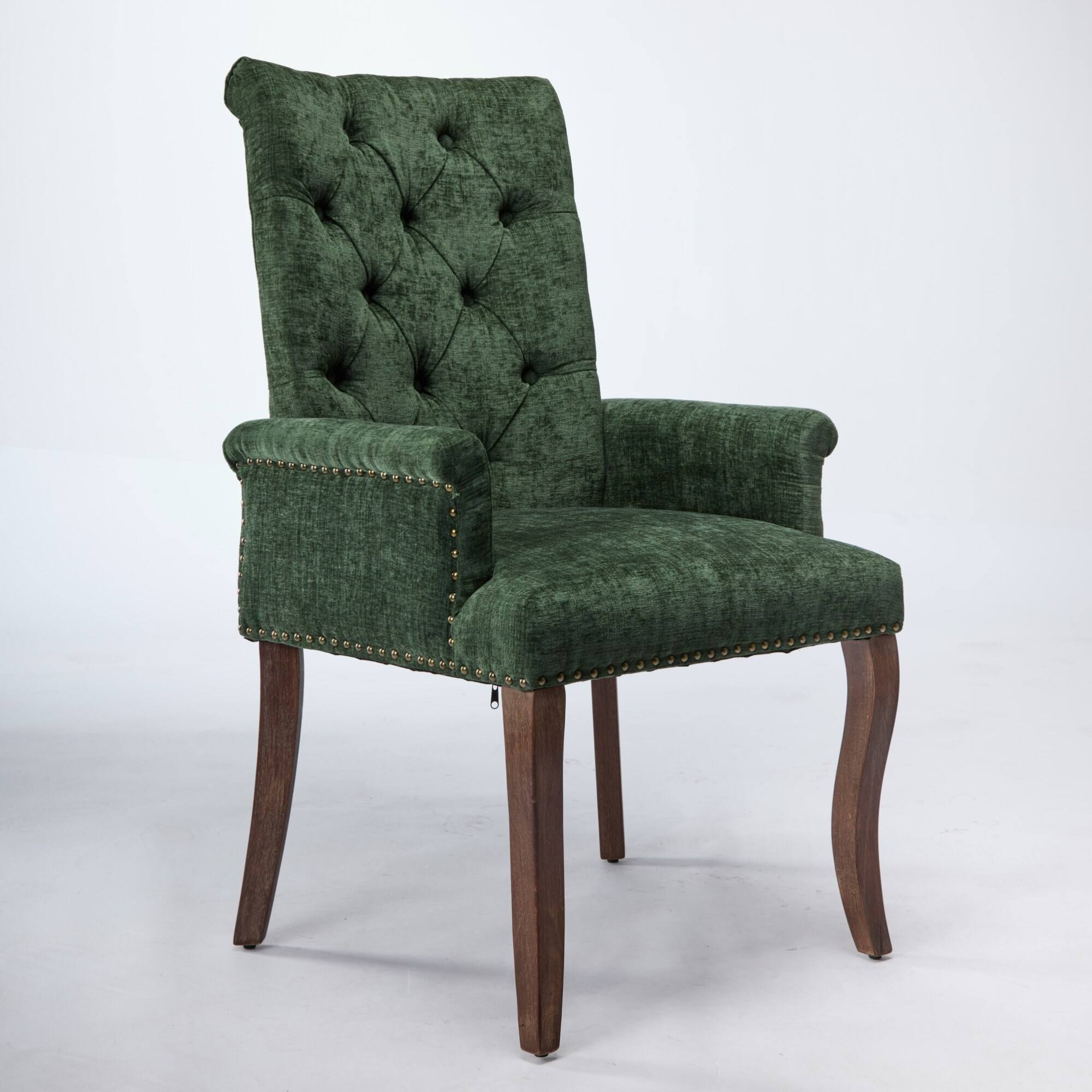 Back. GOODSILO - Upholstered Tufted Accent Dining Chair with Curved Wood Legs and Chenille Fabric in Neutral Beige - Olive Green.