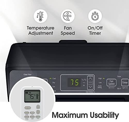 Temperature Fan Adjustment Speed On/Off Timer Clean Filter Cool Dry Fan *F/c 75 H High Low Auto Seing Timer Fan Timer Speed WrD LigheDal Wi-Fi 75 Aa Maximum Usability
