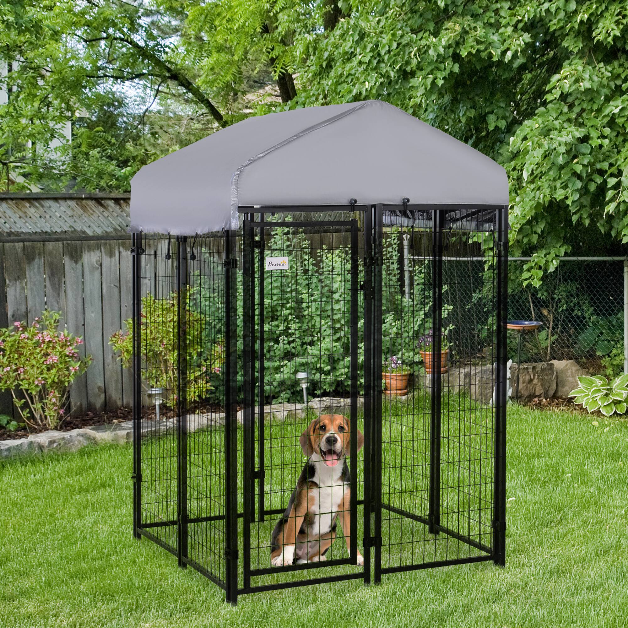 Angle. Pawhut - Outdoor Dog Kennel with Roof, 4'x4'x6' Heavy Duty Wire, Escape-proof Lock, UV-Resistant Cover, for Medium Dogs.