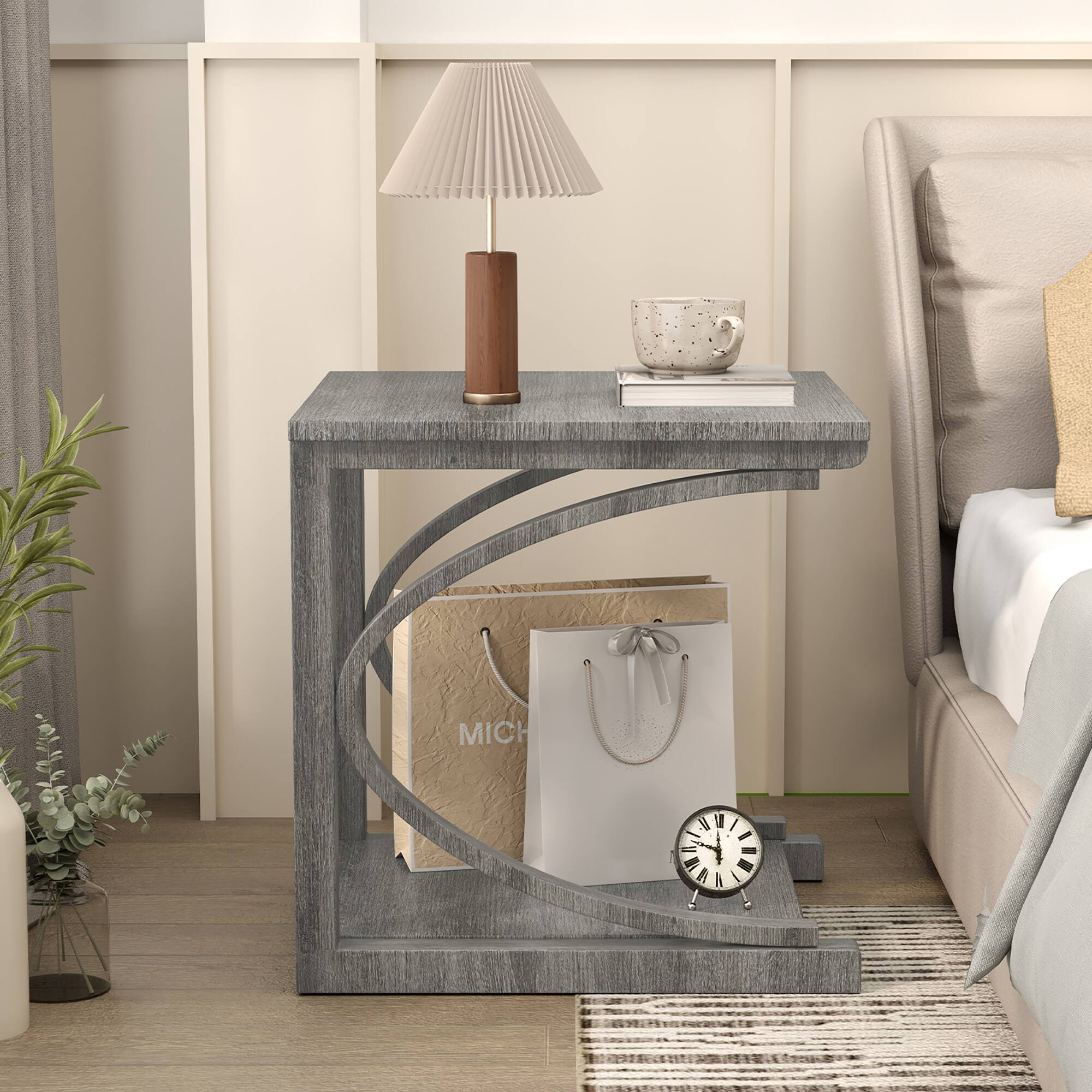 Alt View 5. Gymax - Gymax 2PCS 24'' Side End Table w/ Storage Shelf & Rubber Wood Frame for Small Space - Grey.