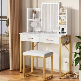 Bestier - 31.3-in W Makeup Vanity with LED Mirror, Storage Drawers, Power Outlet and PU Leather Cushion Stool - White