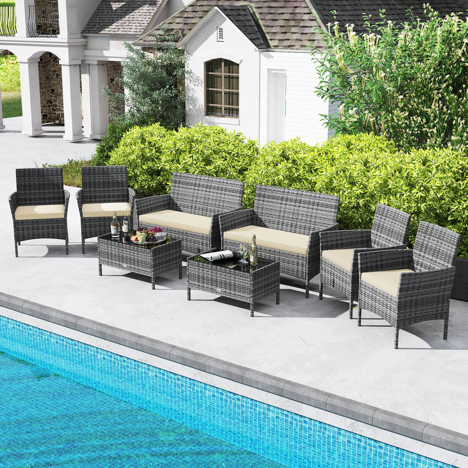 Alt View 1. Costway - Costway 8 PCS Patio Furniture Set with Washable Cushions and Tempered Glass Coffee Table - Beige.