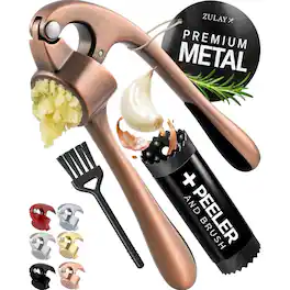 Zulay Kitchen - Premium Garlic Press with Soft, Easy to Squeeze Handle - Includes Silicone Garlic Peeler & Cleaning Brush - Copper