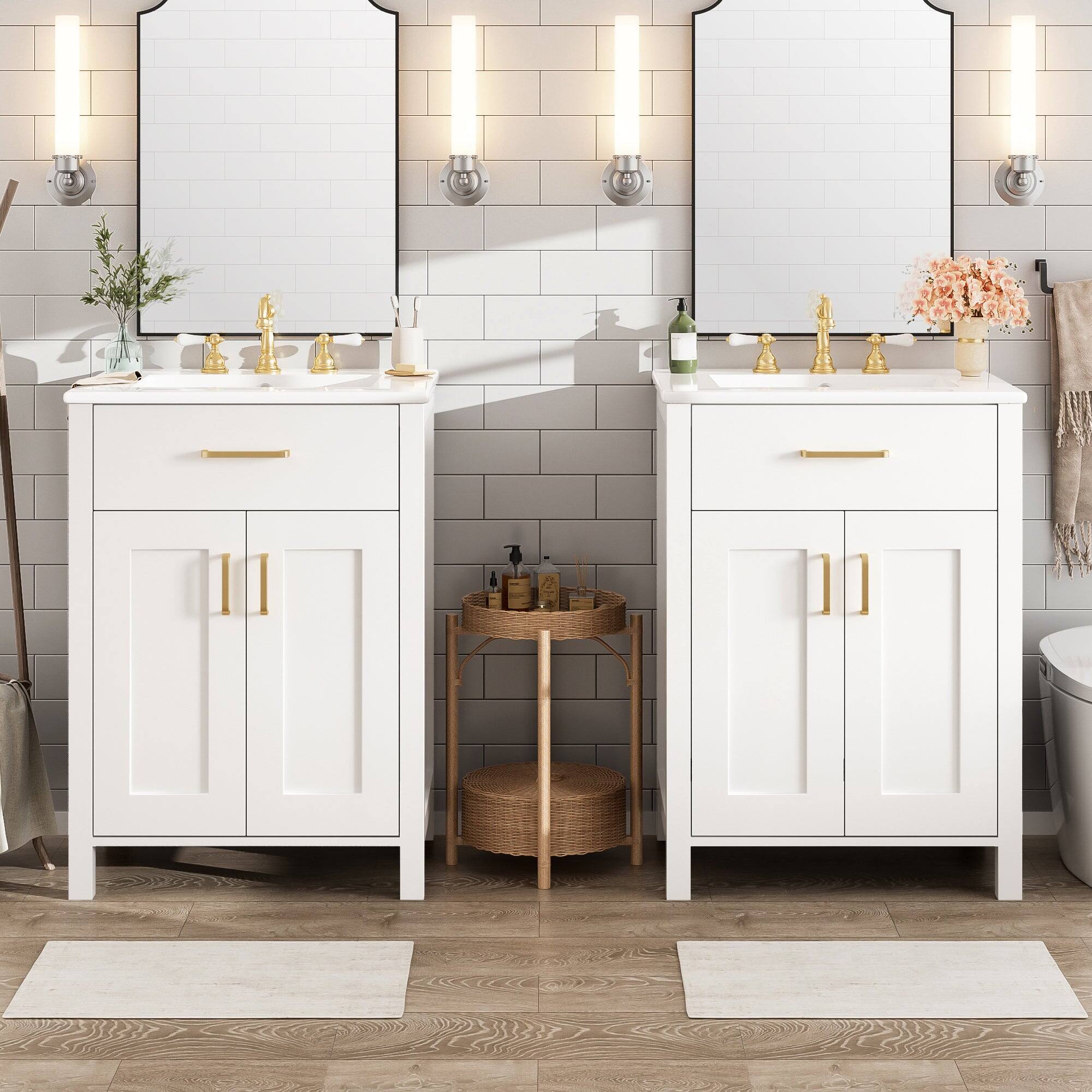 Alt View 4. Boyel Living - 48 Inch Double Bathroom Vanity with Dual Ceramic Sinks, Soft-Close Doors, Flip Drawer, Gold Handles, Adjustable Shelf - White.