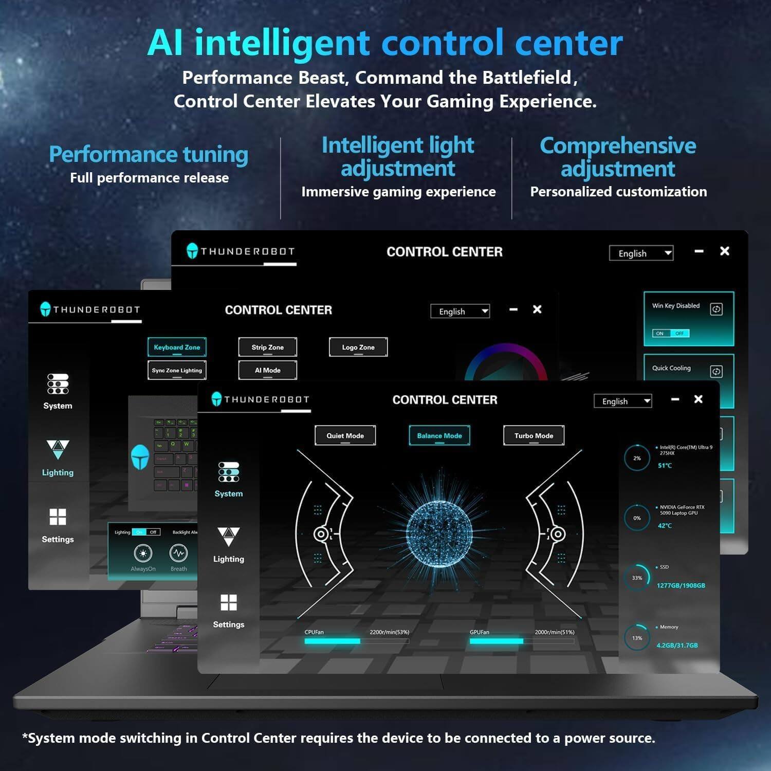 AI intelligent control center  
Performance Beast, Command the Battlefield, Control Center Elevates Your Gaming Experience.  

Performance tuning  
Full performance release  

Intelligent light  
Comprehensive adjustment  
Immersive gaming experience  

Personalized customization  

THUNDEROBOT CONTROL CENTER  
English  

CONTROL CENTER  
Keyboard Zone  
Strip Zone  
Logo Zone  
System  
Lighting  
Settings  

Quick Cooling  
Balance Mode  
Turbo Mode  

*System mode switching in Control Center requires the device to be connected to a power source.