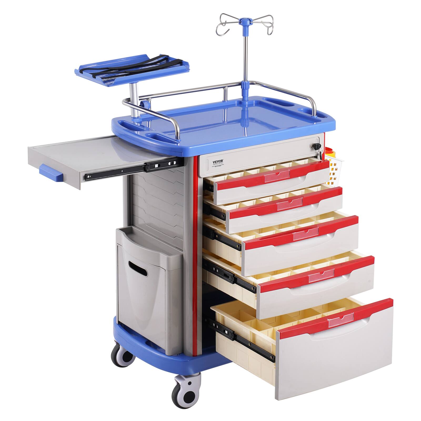 Front. VEVOR - 5 Tiers Lab Carts, Lab Utility Cart with 5 Drawers & 4 Silent Wheels, Mobile Medical Cart with PP Material, 2 Trash Cans - White.