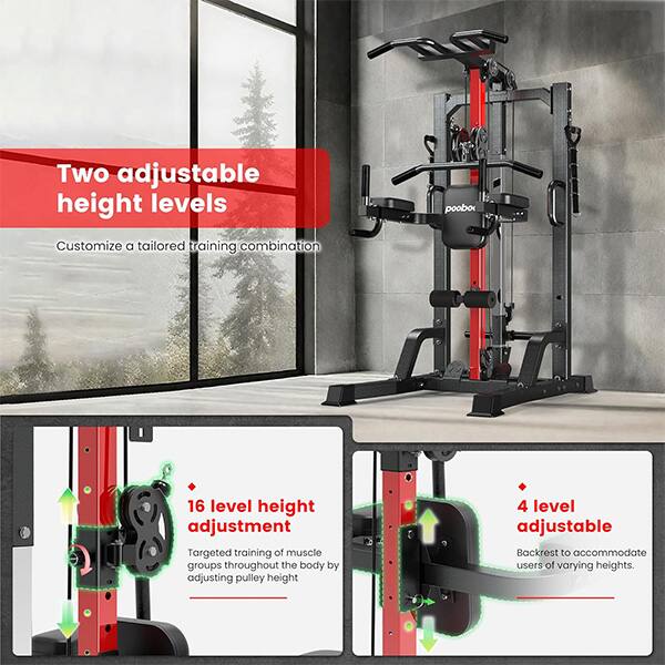 Two adjustable height levels  
Customize a tailored training combination  

16 level height adjustment  
Targeted training of muscle groups throughout the body by adjusting pulley height  

4 level adjustable Backrest to accommodate users of varying heights.