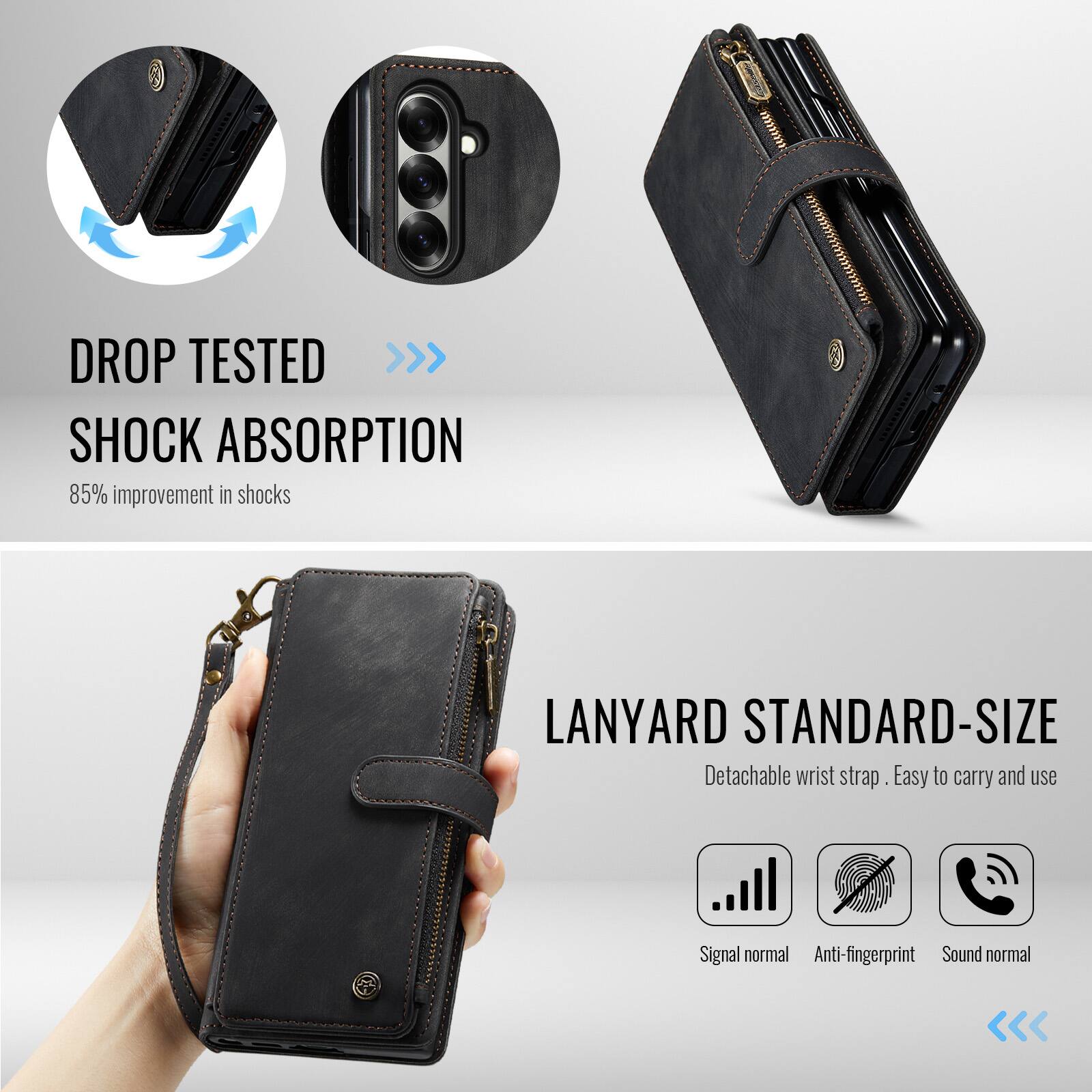 DROP TESTED >>> SHOCK ABSORPTION  
85% improvement in shocks  

LANYARD STANDARD-SIZE  
Detachable wrist strap. Easy to carry and use  

Signal normal  
Anti-fingerprint  
Sound normal