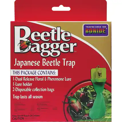 TRUSTED SINCE 1926
BONIDE
Beetle Bagger
Japanese Beetle Trap
THIS PACKAGE CONTAINS:
1 - Dual Release Floral & Pheromone Lure
1 - Lure holder
2 - Disposable collection bags
Trap lasts all season
ACTIVE INGREDIENTS
ACTIVE INGREDIENT
NET INGREDIENTS
TOTAL
Keep Out Of Reach Of Children
CAUTION
