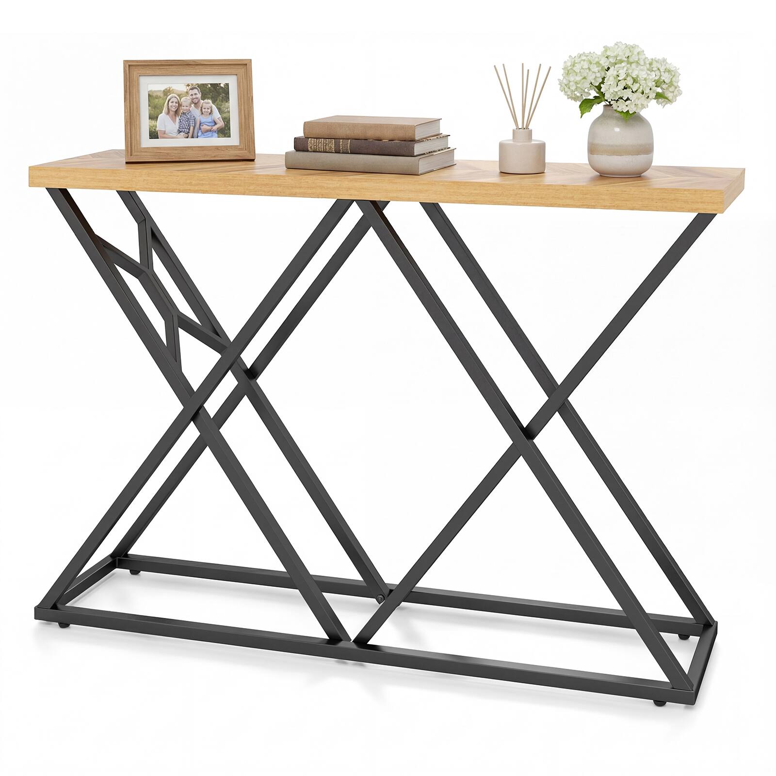 Gymax - 55'' Industrial Console Table w/ Solid Metal Frame & Storage Rustic Sofa Table - Brown