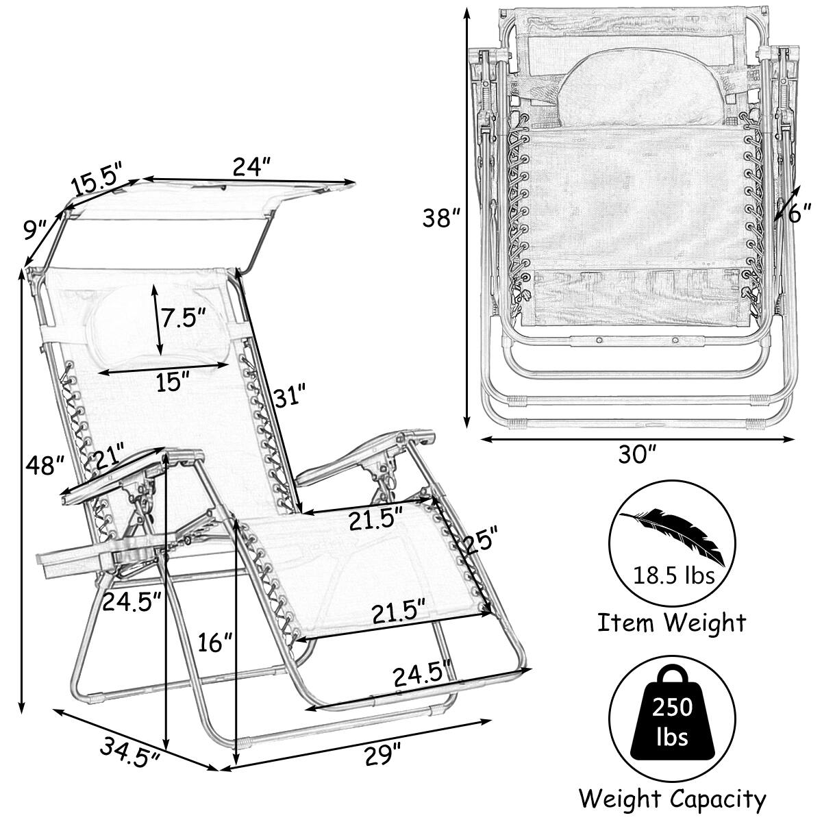 15.5" 9" 24" 38" 7.5" 15" 31" 48" 21" 21.5" 24.5" 34.5" 16" 21.5" 24.5" 29" 30" 5" 6" 34.5" 25" 18.5 lbs Item Weight 250 lbs Weight Capacity