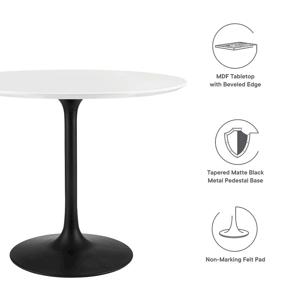 MDF Tabletop with Beveled Edge  
Tapered Matte Black Metal Pedestal Base  
Non-Marking Felt Pad