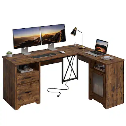 Front. Bestier - 63-inch L Shaped Desk with Monitor Stand & Drawers, LED Computer Desk with Charging Station & Cabinet - Rustic Brown.