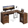 Bestier - 63-inch L Shaped Desk with Monitor Stand & Drawers, LED Computer Desk with Charging Station & Cabinet - Rustic Brown