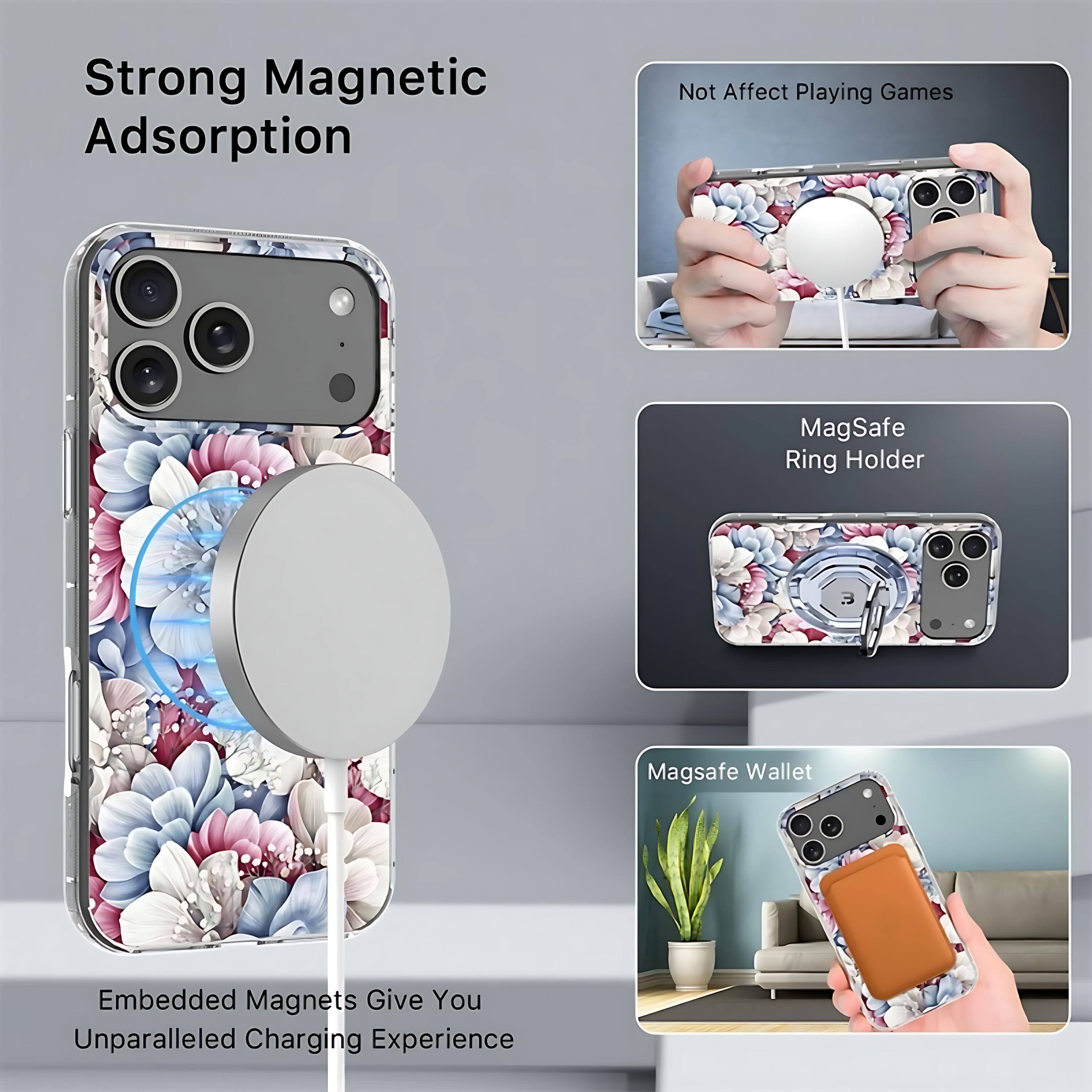 Strong Magnetic Adsorption  
Not Affect Playing Games  
MagSafe Ring Holder  
Embedded Magnets Give You Unparalleled Charging Experience  
Magsafe Wallet