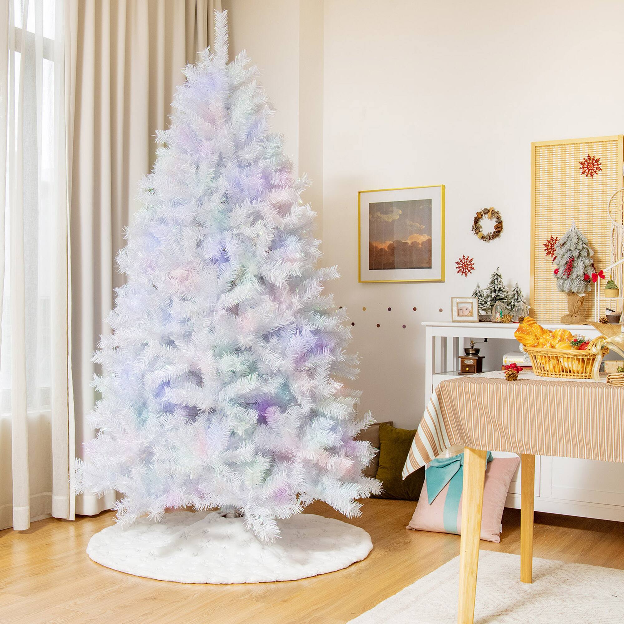 Gymax - 7 FT Artificial Christmas Tree Hinged Unlit Iridescent Xmas Tree - White