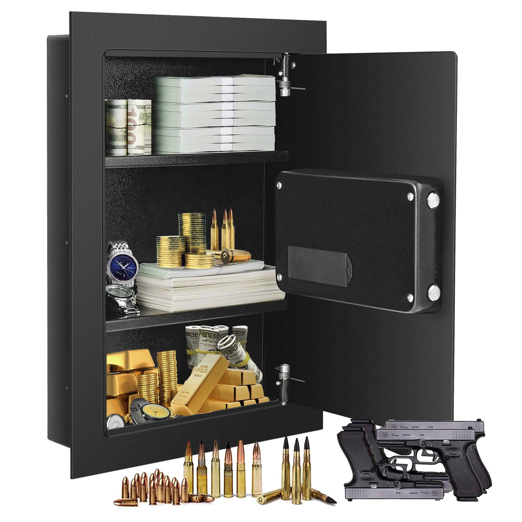 I see a safe with various items inside, including stacks of cash, coins, gold bars, and a watch. There are also bullets and two handguns placed in front of the safe.