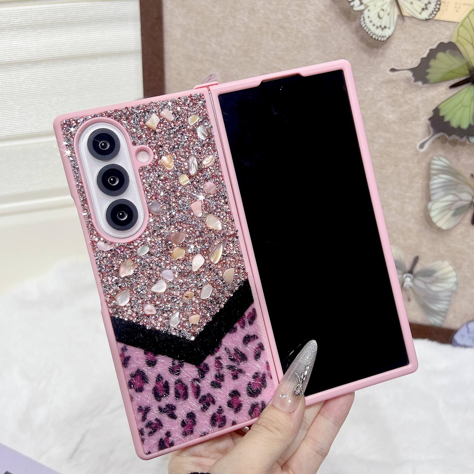 Angle. Dteck - Shockproof Phone Case for Samsung Galaxy Z Fold7 with Beaded Wrist Strap, Glitter Rhinestone Hard PC Protective Cover - Pink.