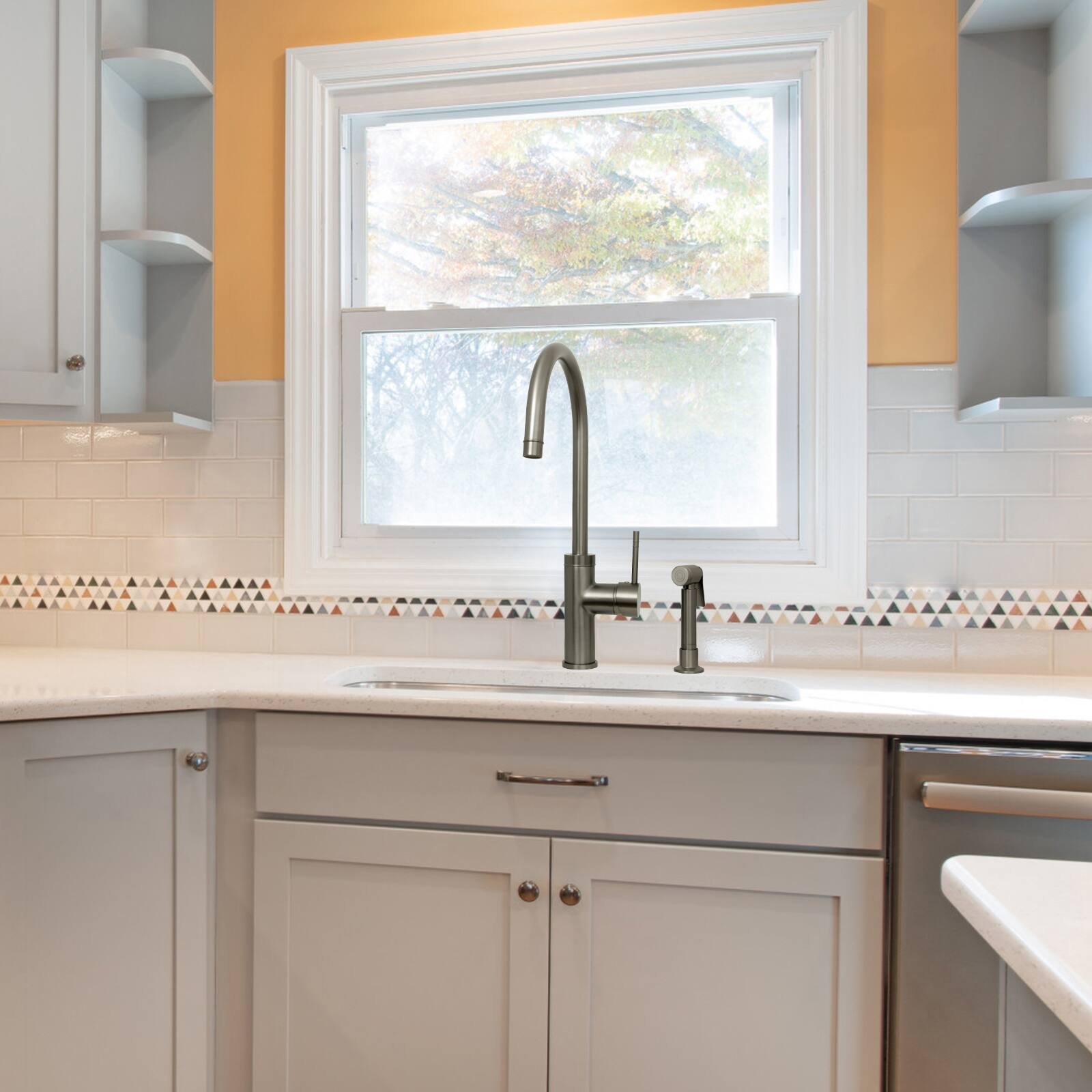 Alt View 4. Akicon - Akicon Solid Brass Single Handle 360° Swivel Widespread Kitchen Faucet with Side Sprayer in Gun Black - Gun Black.