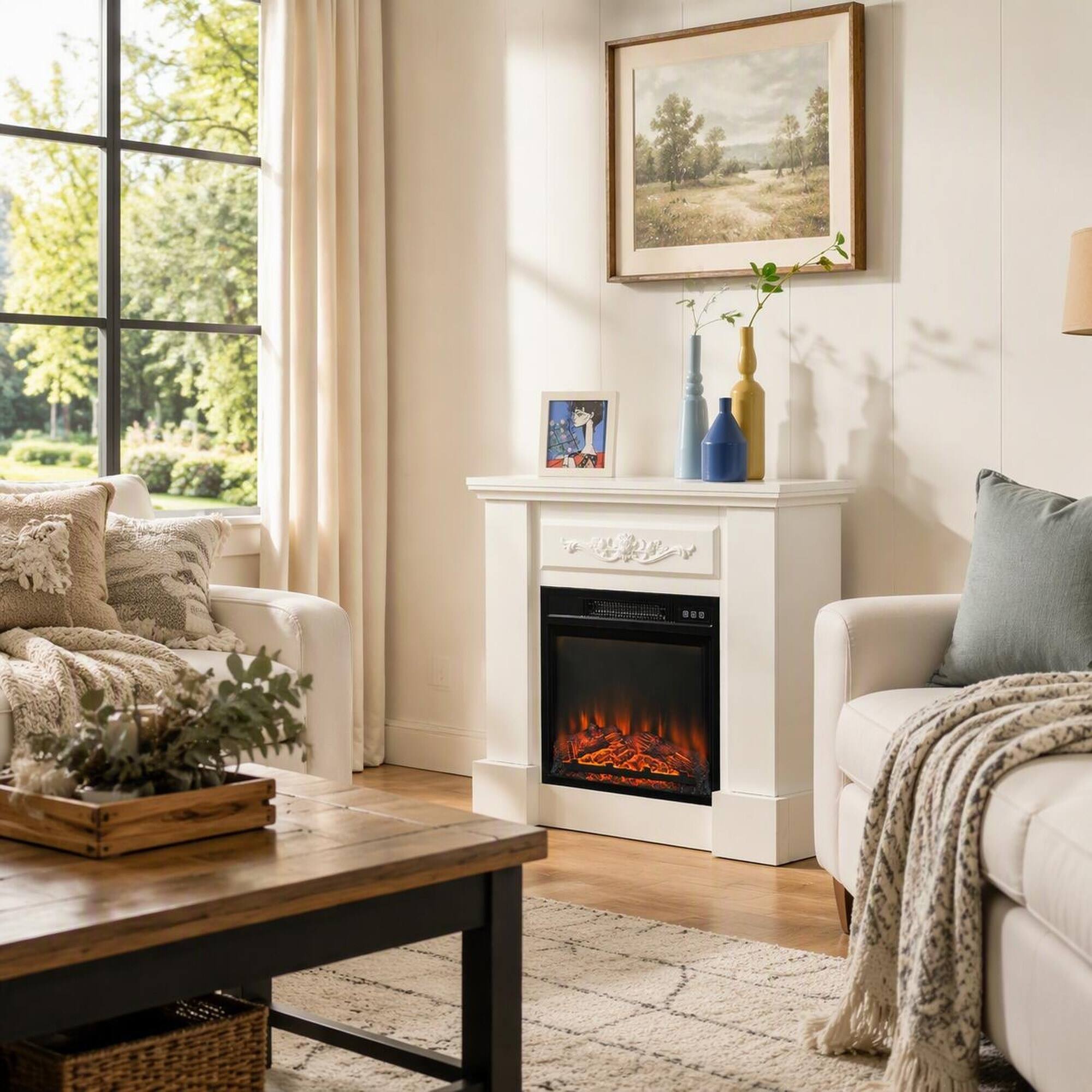 Angle. RYHNUYNE - 32-Inch Electric Fireplace with Mantel, Freestanding Heater with Realistic LED Log Flame, 1400W, Overheat Protection - White.