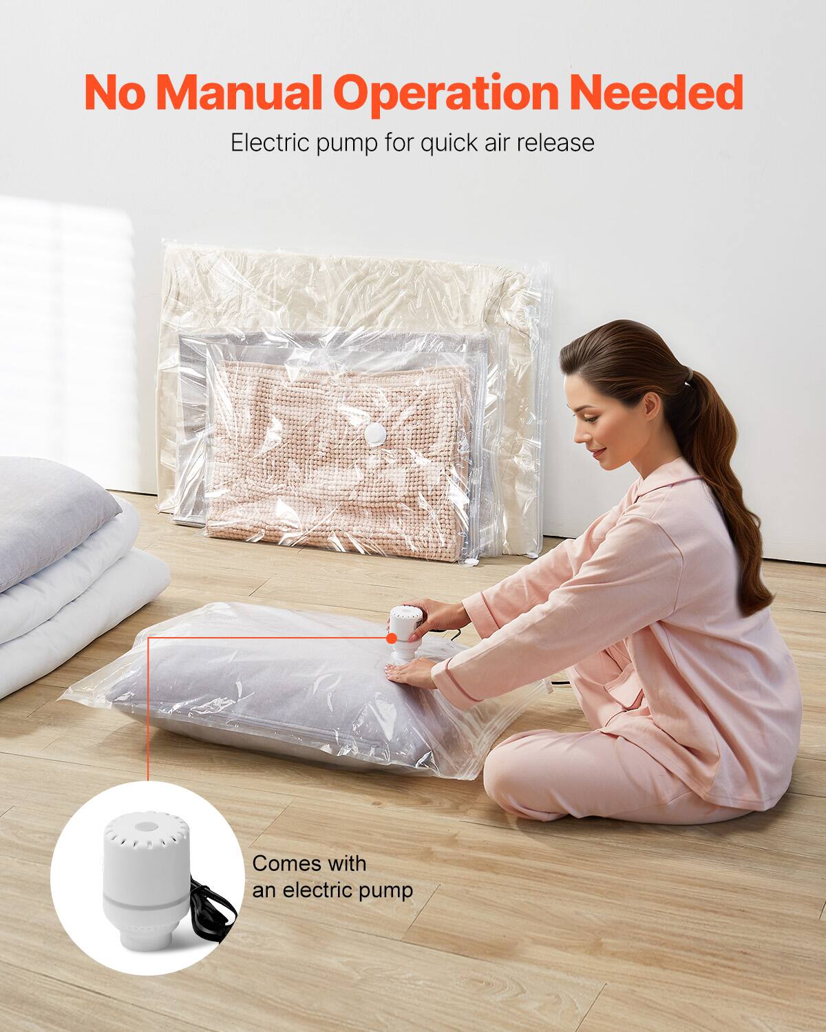 No Manual Operation Needed  
Electric pump for quick air release  

Comes with an electric pump