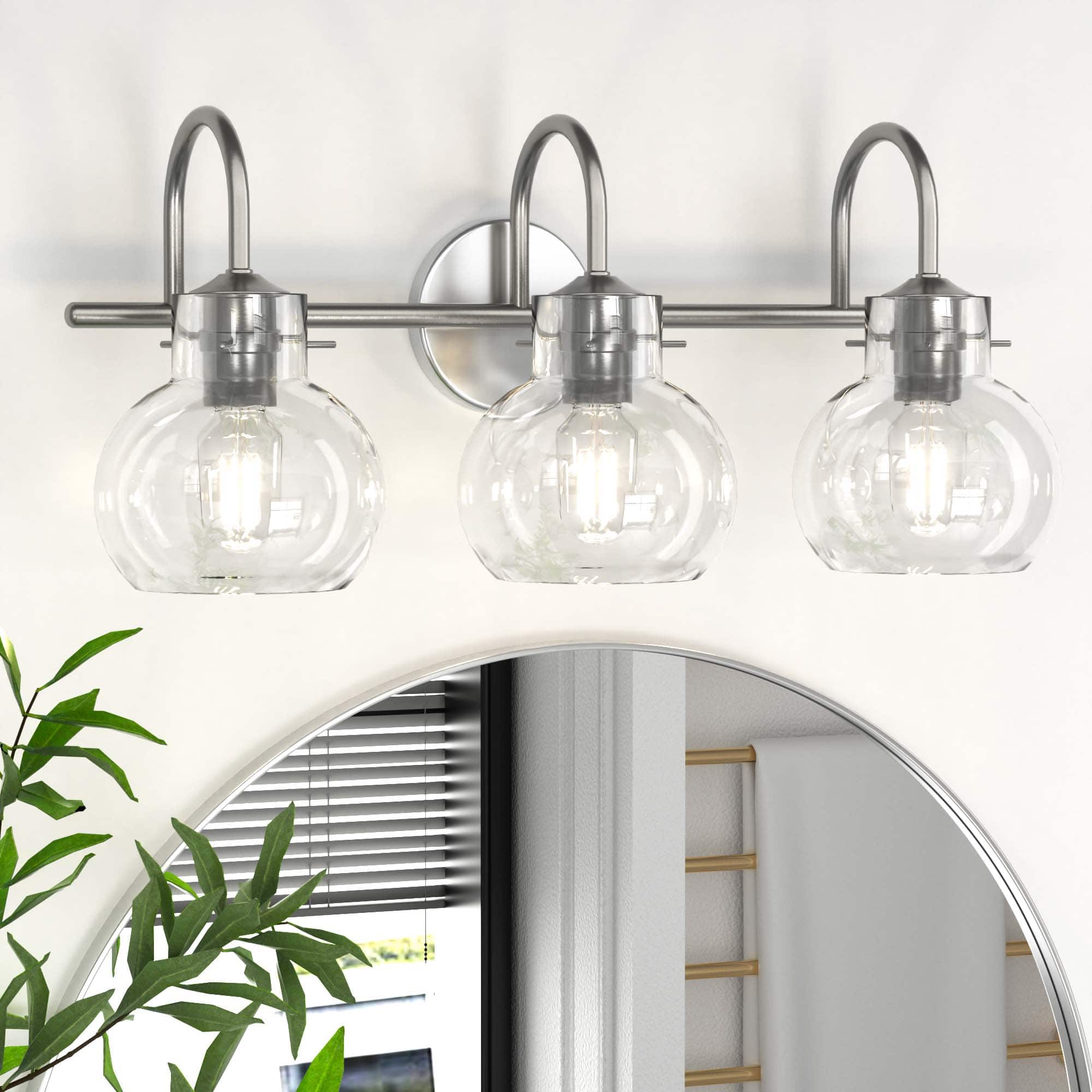 Front. PAIHOME - Bathroom Vanity Light 21" Modern 3-Light Bathroom Light Fixtures over Mirror with Clear Glass Shade E26 Base Wall Sconce - Silver.