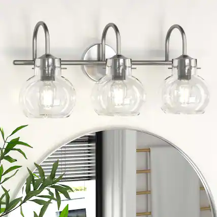 Front. PAIHOME - Bathroom Vanity Light 21" Modern 3-Light Bathroom Light Fixtures over Mirror with Clear Glass Shade E26 Base Wall Sconce - Silver.