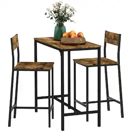 Homcom - 3 Piece Bar Table and Chairs, Industrial Dining Table Set for 2, Counter Height Kitchen Table with Bar stools - Rustic Brown