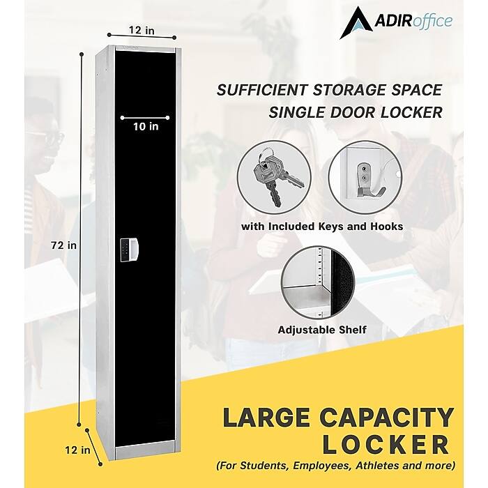 ADIRoffice, LARGE CAPACITY LOCKER (For Students, Employees, Athletes and more), SUFFICIENT STORAGE SPACE SINGLE DOOR LOCKER, 72 in, 12 in, 10 in, with Included Keys and Hooks, Adjustable Shelf, 12 in