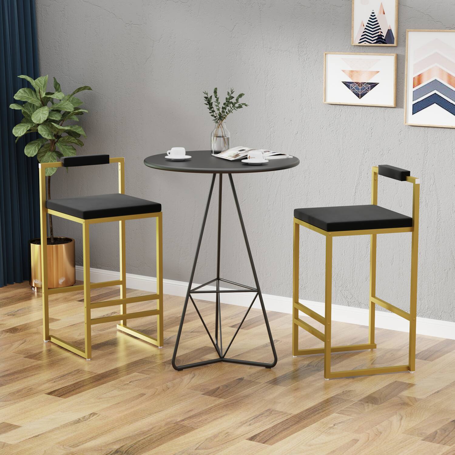 Alt View 2. HTUTWOO - Upholstered Velvet Bar Stools Set of 2, Modern Counter Height Chairs with Creamy White Seat and Gold Metal Legs - Black.